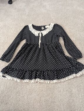 Bu Zhe Wu Black White Polka Dot Long Sleeve Ruffle Lolita Dress Medium